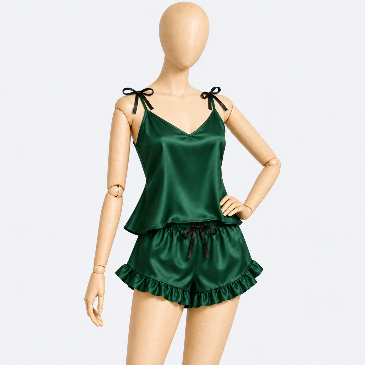 ست تاپ و شلوارک ساتن ابریشم زنانه سبز چین‌دار
